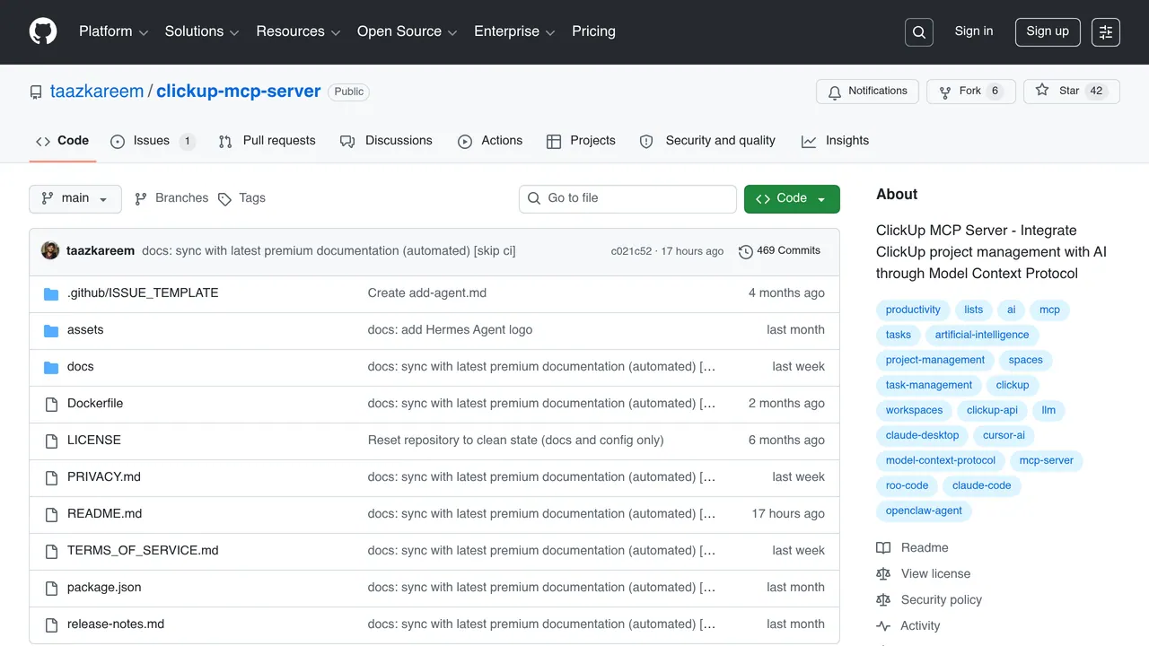 Screenshot of ClickUp MCP Server