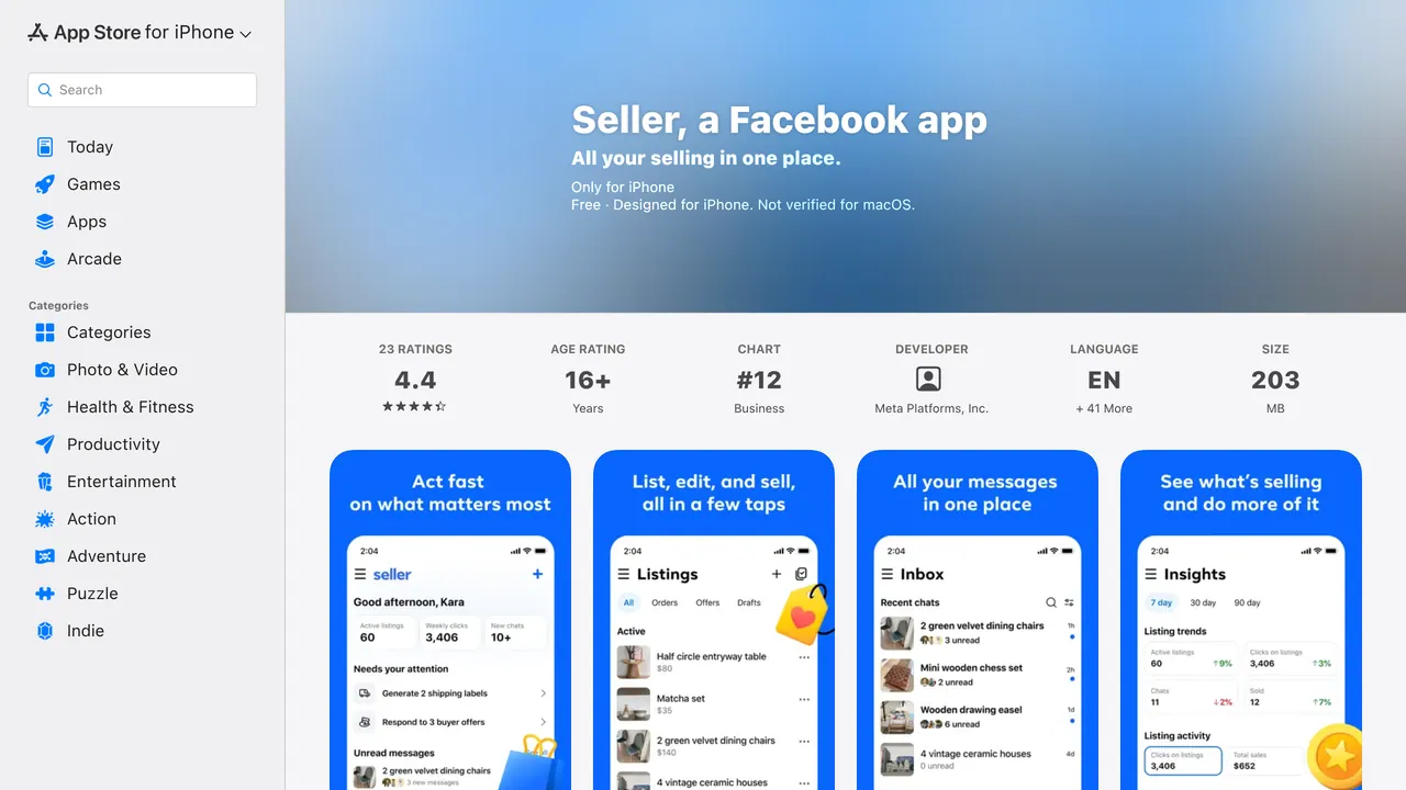 Screenshot of Seller by Facebook