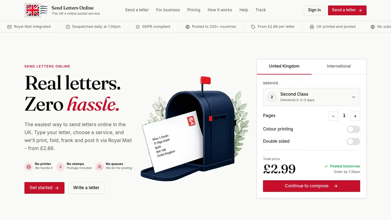 Screenshot of Send Letters Online UK
