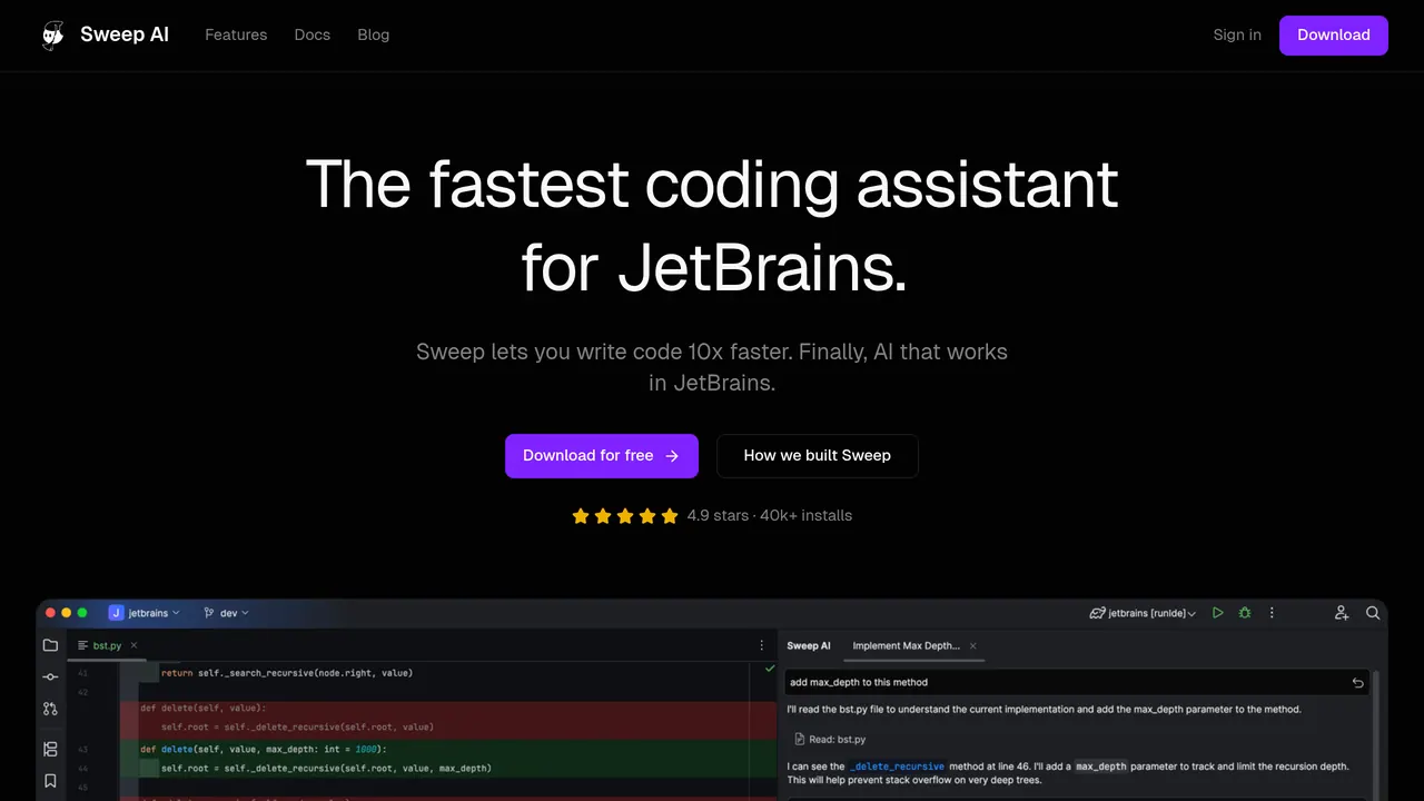 Screenshot of Sweep AI